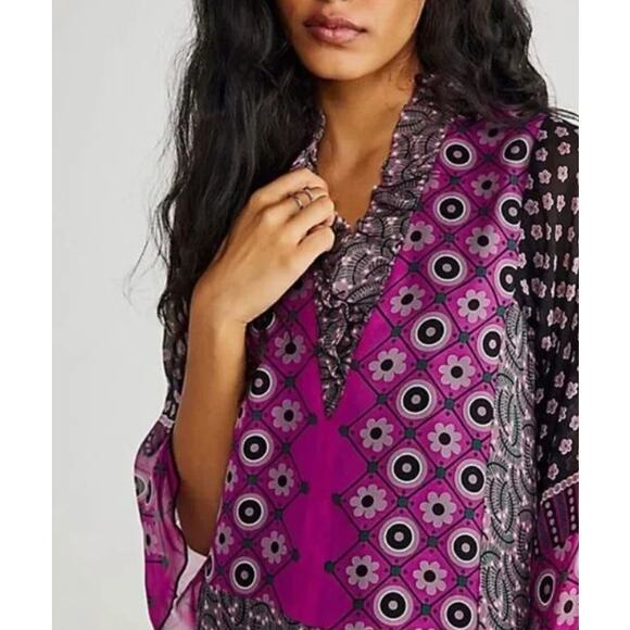 Free People Anna Sui 100% Silk Black Lattice Dress Tumbling Pines Kaftan S NWT - Picture 13 of 13